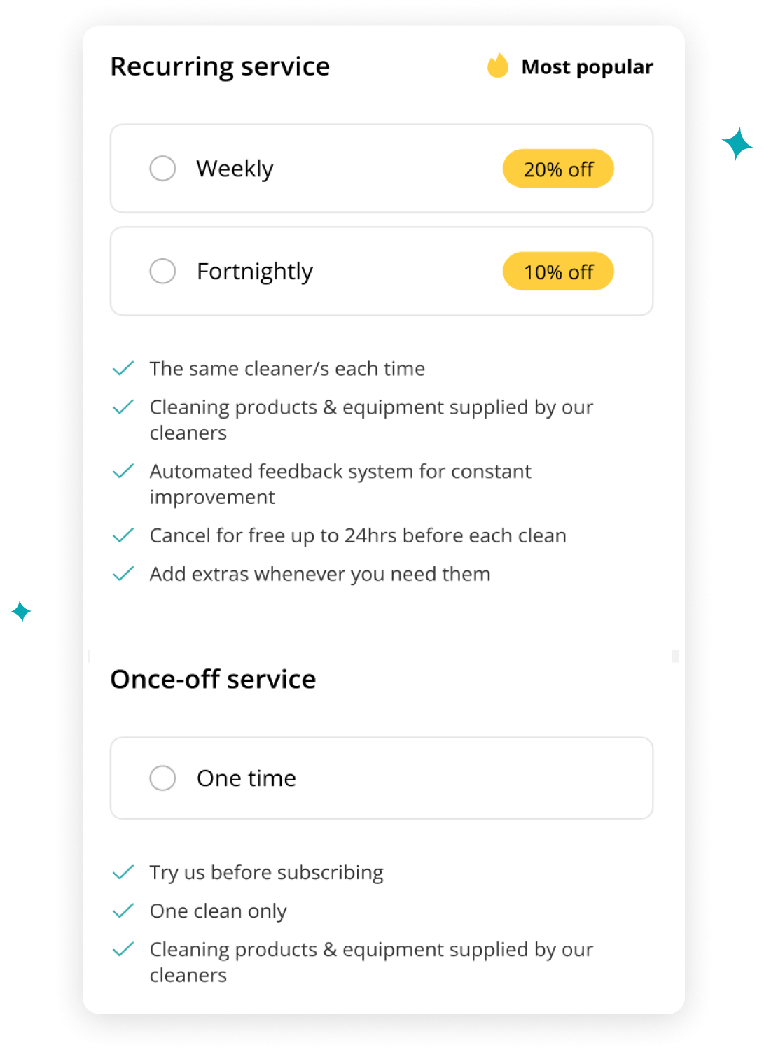 Simply Spotess cleaning services, service frequency on booking form visualisation