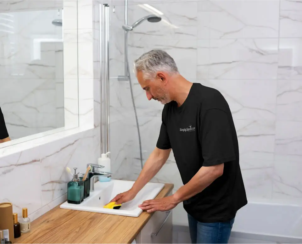 Simply Spotless cleaner, cleaning a modern bathroom inside a customer home