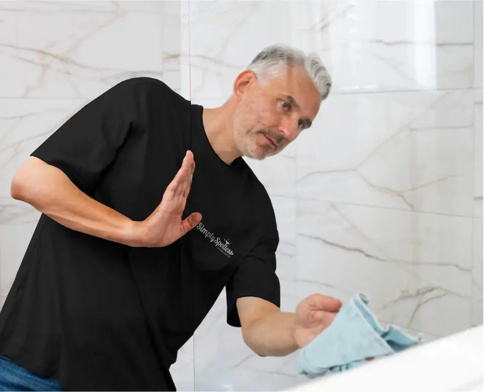 Melbourne-based Simply Spotless cleaner cleaning a shower during a home cleaning service